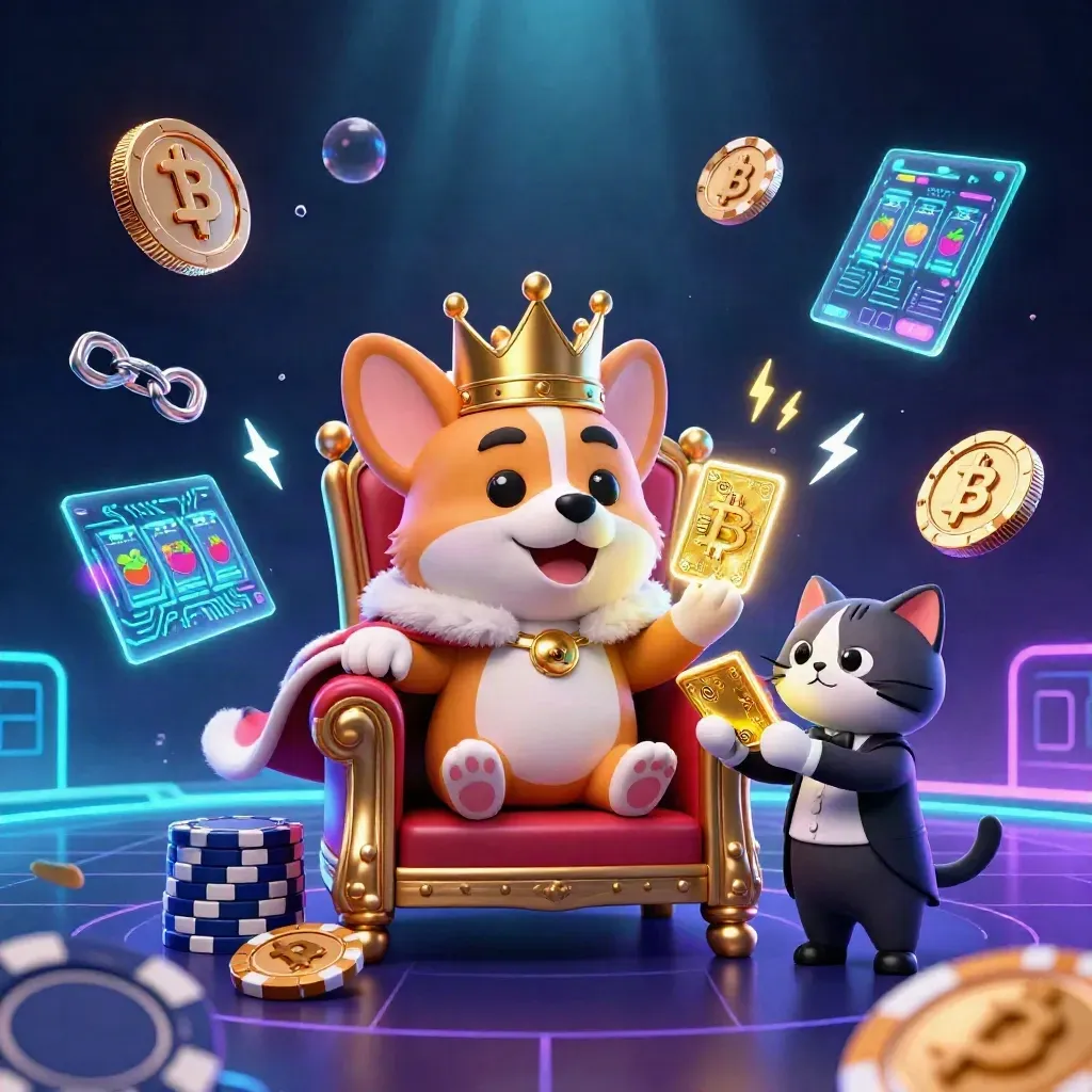 Crowned corgi and cat butler amid neon crypto coins, bubbles, lightning, and casino glow.