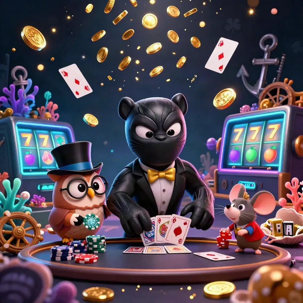Panther, owl, and mouse in tuxedo casino action amid treasure, coral, coins, and glowing cyan light