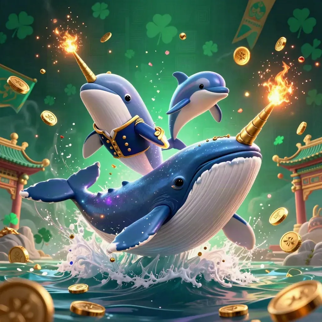 Whale captain, narwhal, and dolphins burst through coins in a neon casino sea.