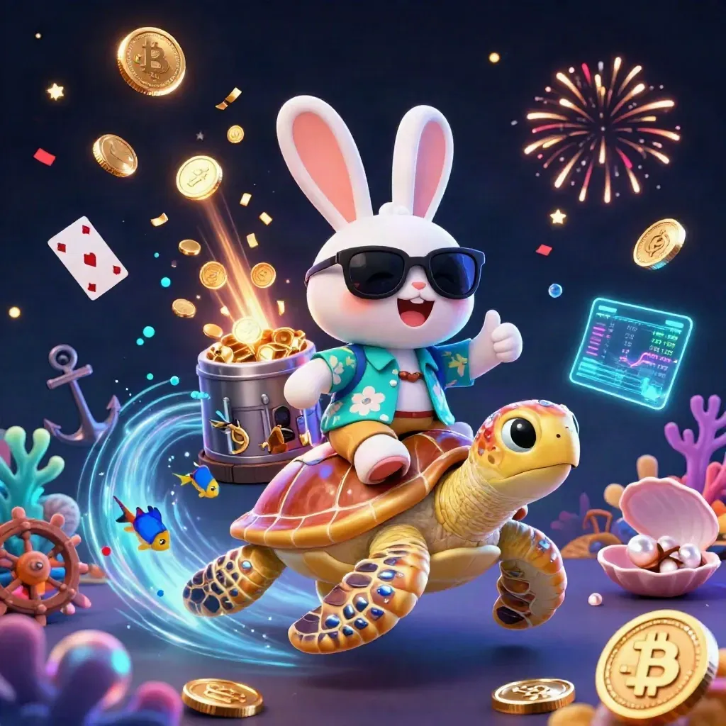 Lucky rabbit rides a golden turtle amid coin bursts, coral, fireworks, and crypto glow