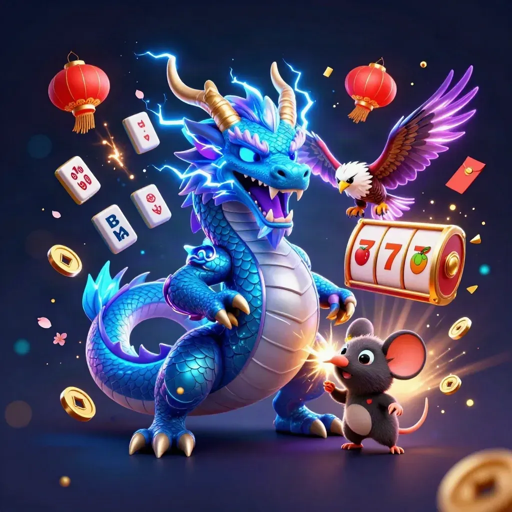 Thunder dragon, wind hawk, and static mouse in neon casino key art with slot symbols and glowing effects