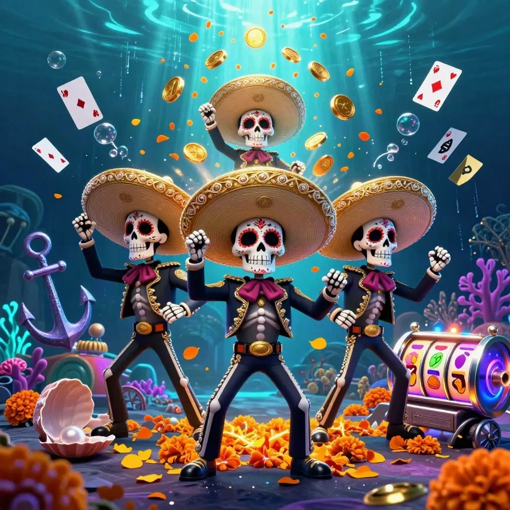 Three Day-of-the-Dead mariachi skeletons in an underwater casino treasure cove with glowing reels.